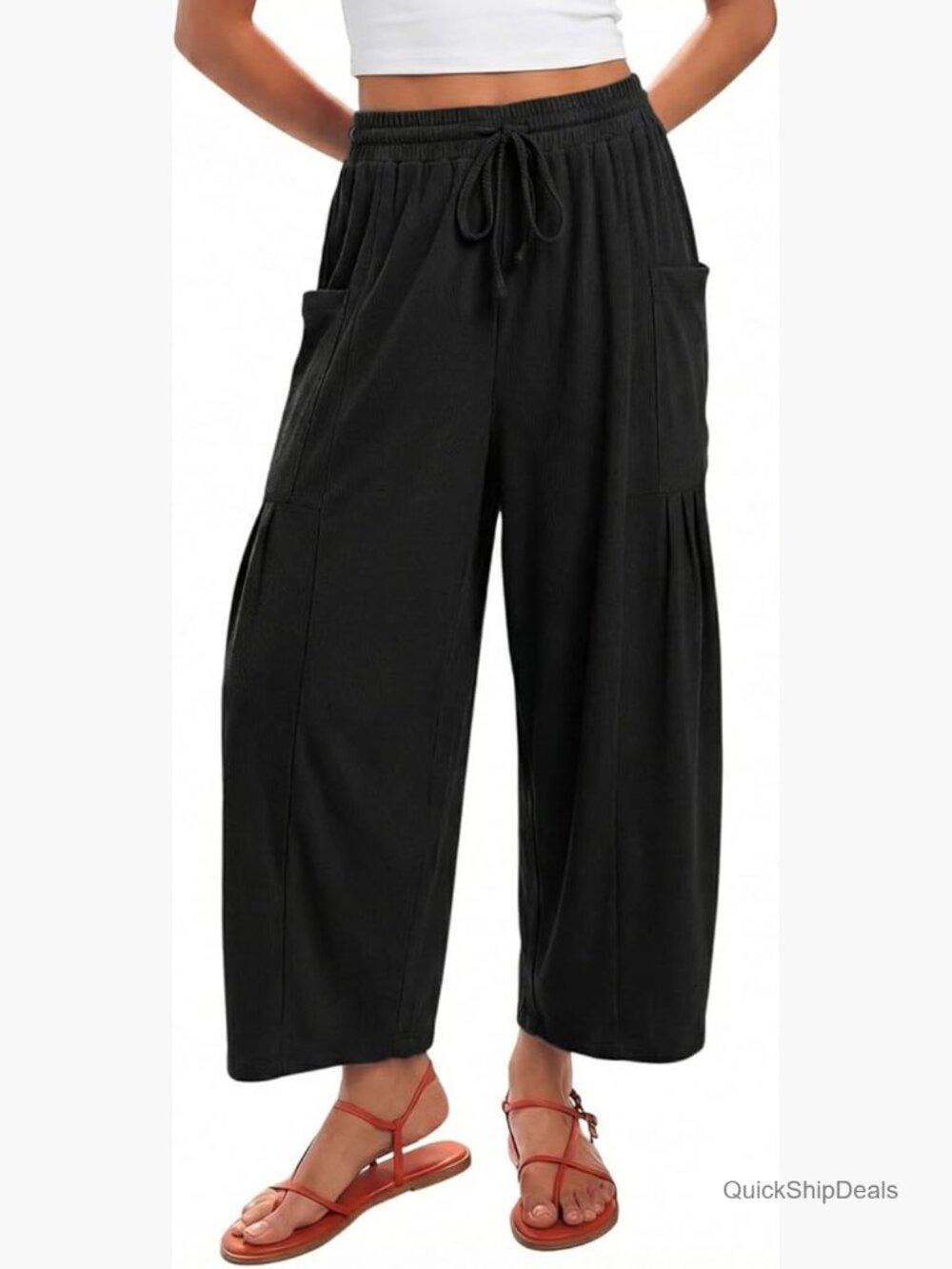 Womens Casual Wide Leg Palazzo Pants Elastic Waist Drawstring Lounge Trousers